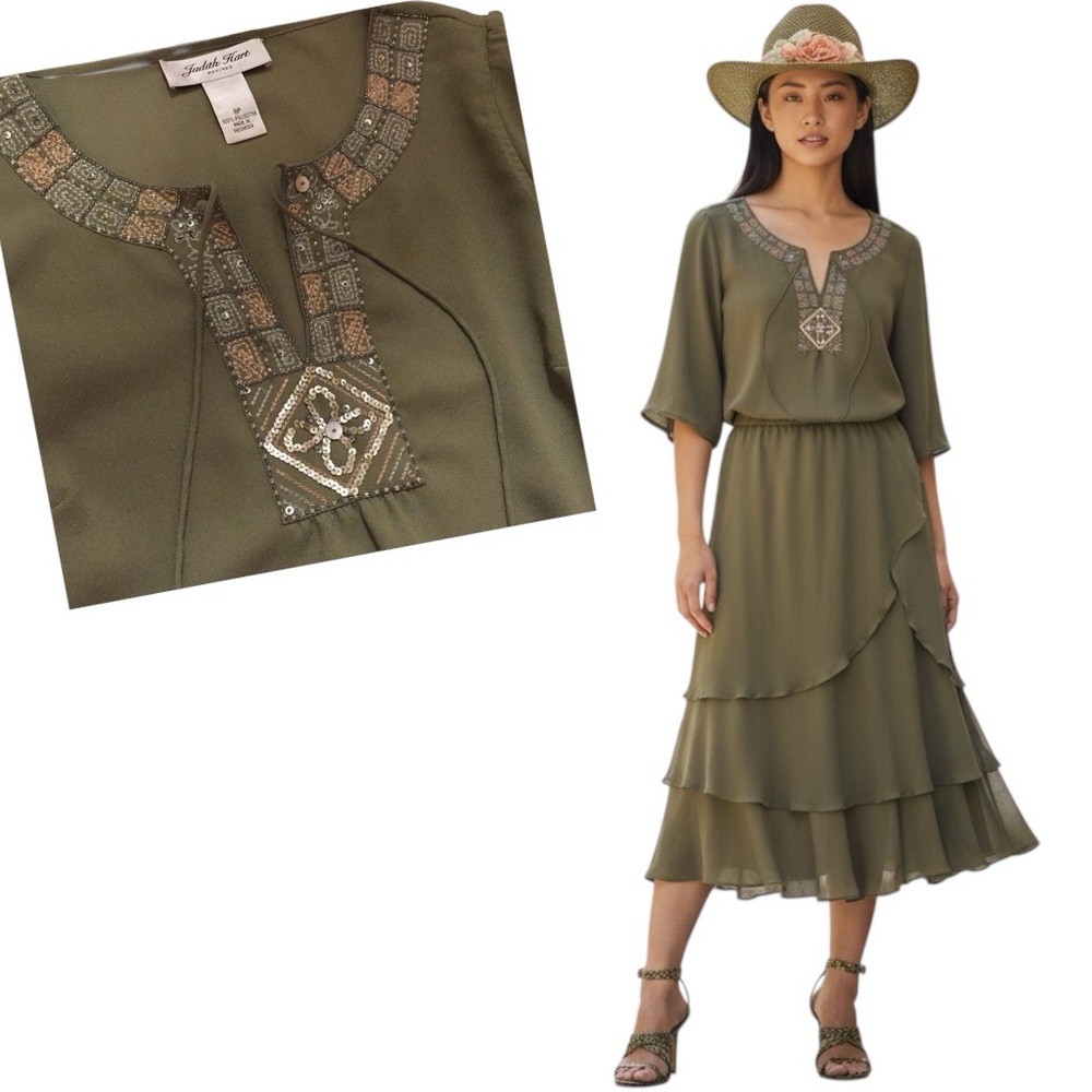 JUDITH HART Set-Flare midi Skirt & Top Sequins Olive Coral Layered Bohemian